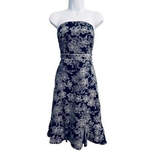 Ann Taylor LOFT Floral Dress Strapless Flowers Butterflies Black White Lined 6